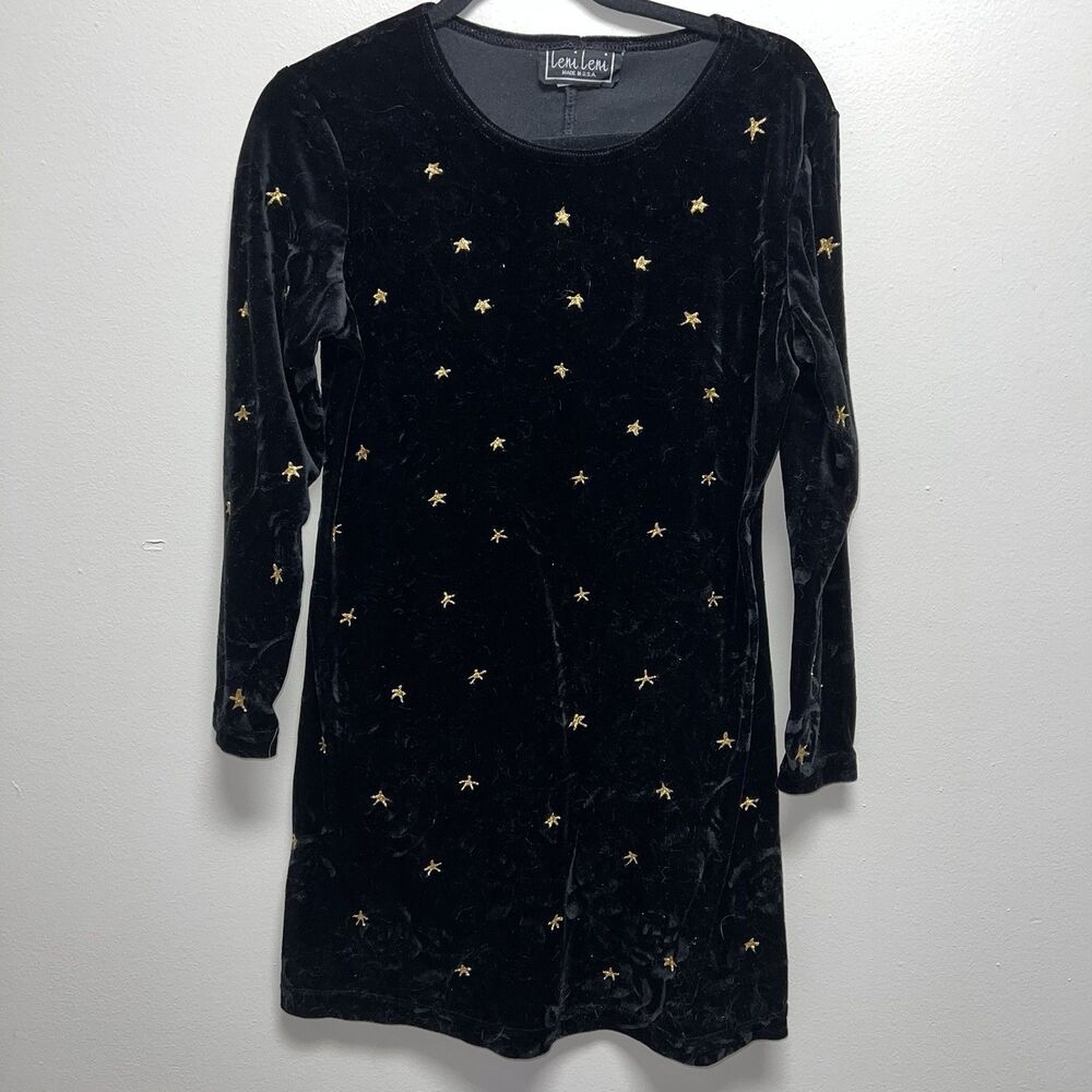 vintage leni leni black velvet mini dress size 6 / small rose star print